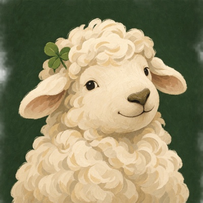 A little sheep holding a clover